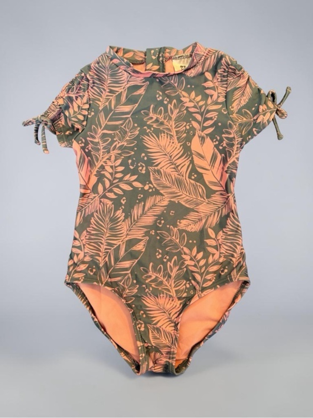 Art Class Summer Leaf-Print Short Sleeve One-Piece - Gray & Pink XS 4 5 Girls